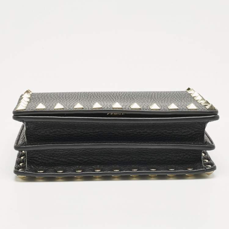 Pre Owned Valentino Black Leather Rockstud Flap Wallet on Chain