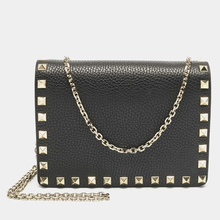 Pre Owned Valentino Black Leather Rockstud Flap Wallet on Chain