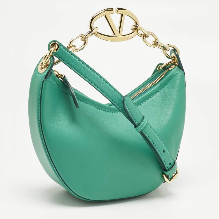 Pre Owned Valentino Green Leather Mini VLogo Moon Hobo