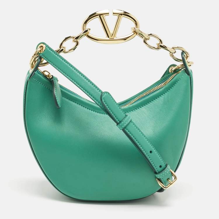 Pre Owned Valentino Green Leather Mini VLogo Moon Hobo