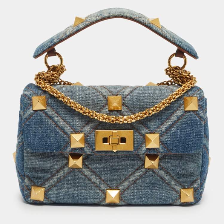 Pre Owned Valentino Washed Blue Denim Medium Roman Stud Top Handle Bag