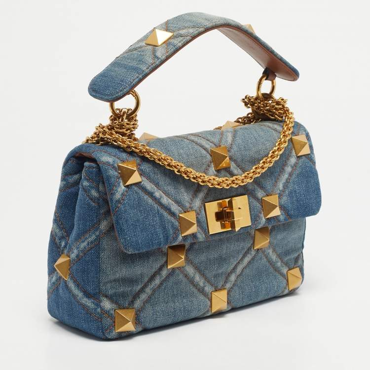 Pre Owned Valentino Washed Blue Denim Medium Roman Stud Top Handle Bag