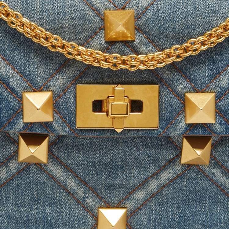 Pre Owned Valentino Washed Blue Denim Medium Roman Stud Top Handle Bag