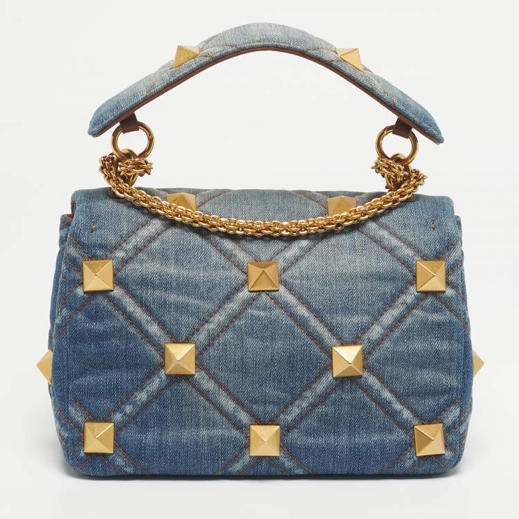 Pre Owned Valentino Washed Blue Denim Medium Roman Stud Top Handle Bag
