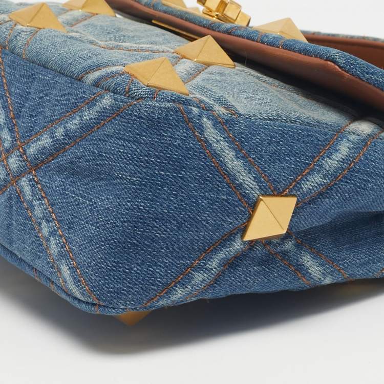 Pre Owned Valentino Washed Blue Denim Medium Roman Stud Top Handle Bag