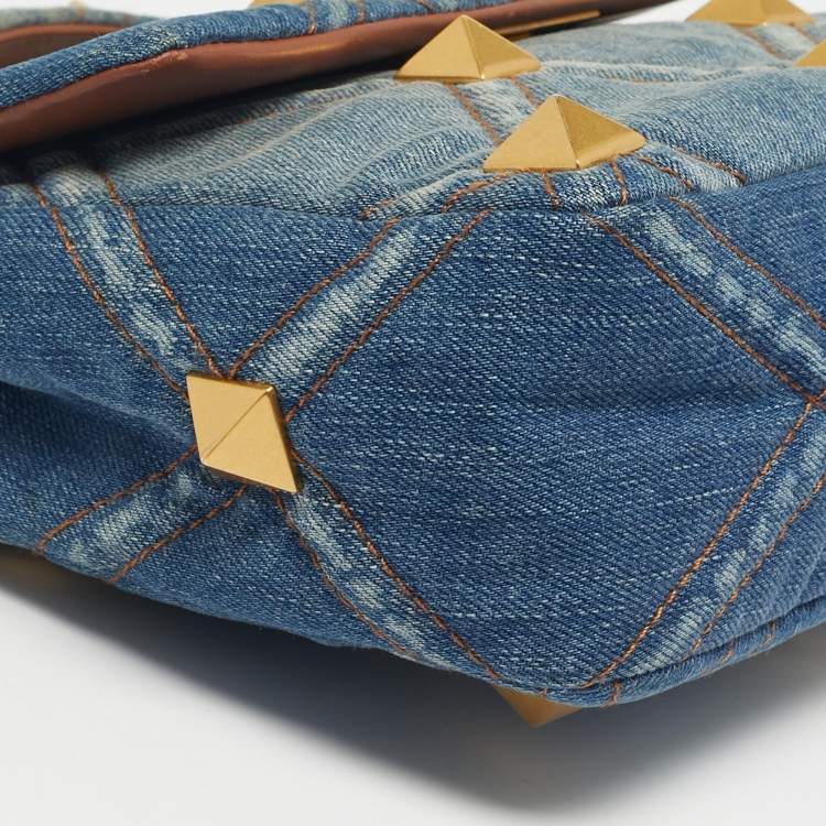 Pre Owned Valentino Washed Blue Denim Medium Roman Stud Top Handle Bag