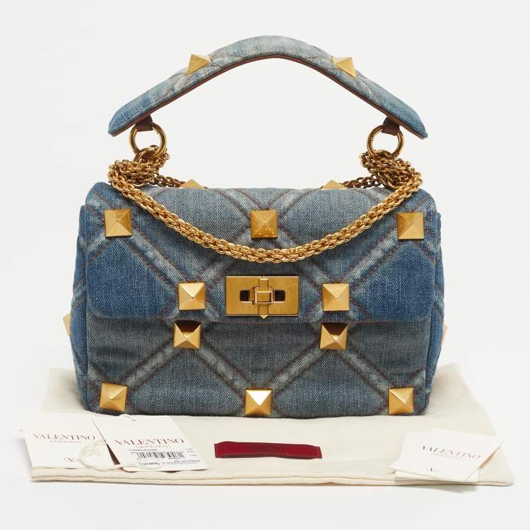 Pre Owned Valentino Washed Blue Denim Medium Roman Stud Top Handle Bag