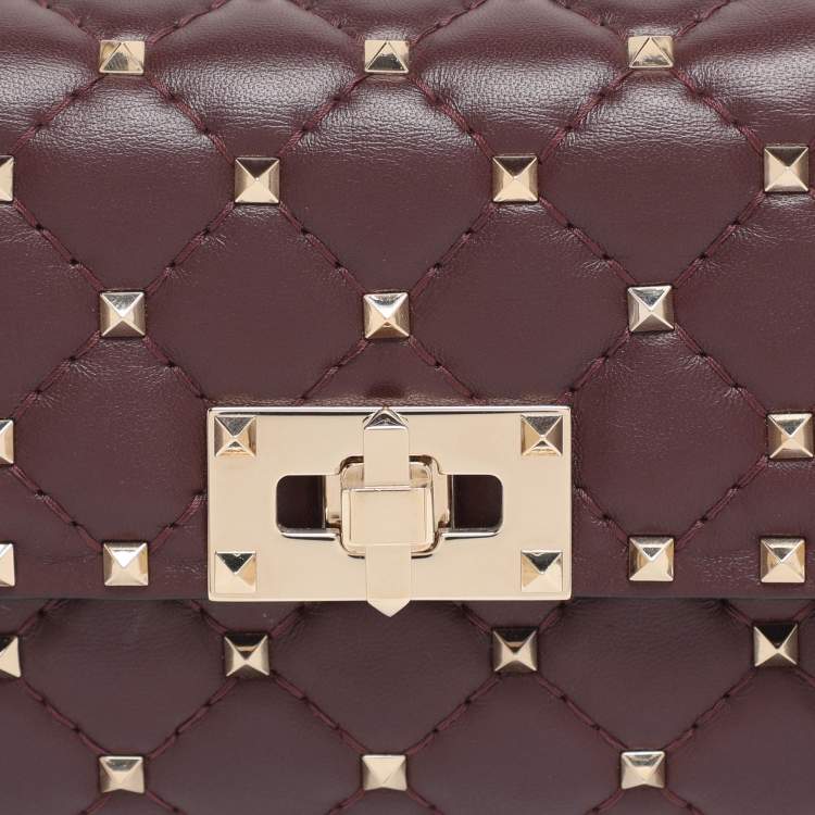 Pre Owned Valentino Burgundy Quilted Leather Small Rockstud Spike Chain Shoulder Bag