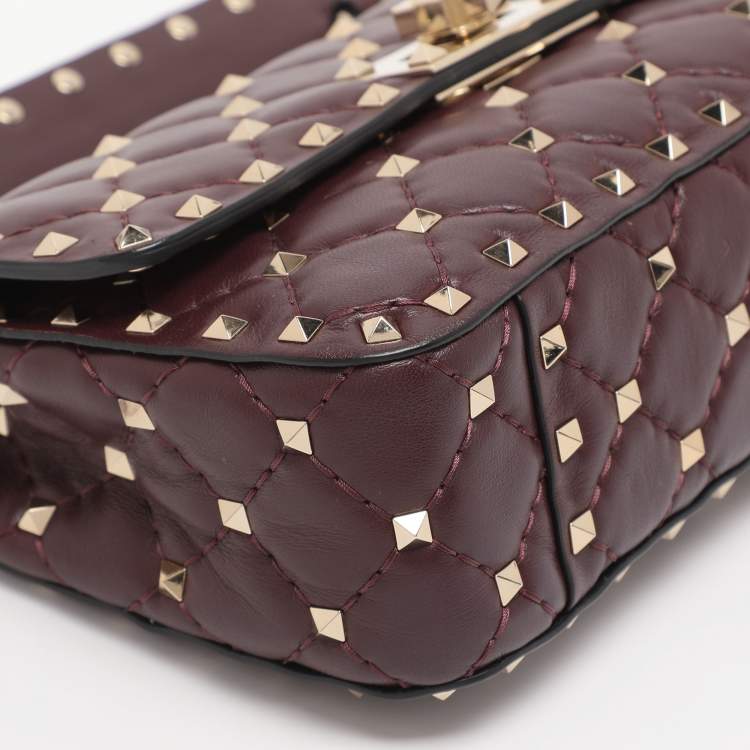 Pre Owned Valentino Burgundy Quilted Leather Small Rockstud Spike Chain Shoulder Bag
