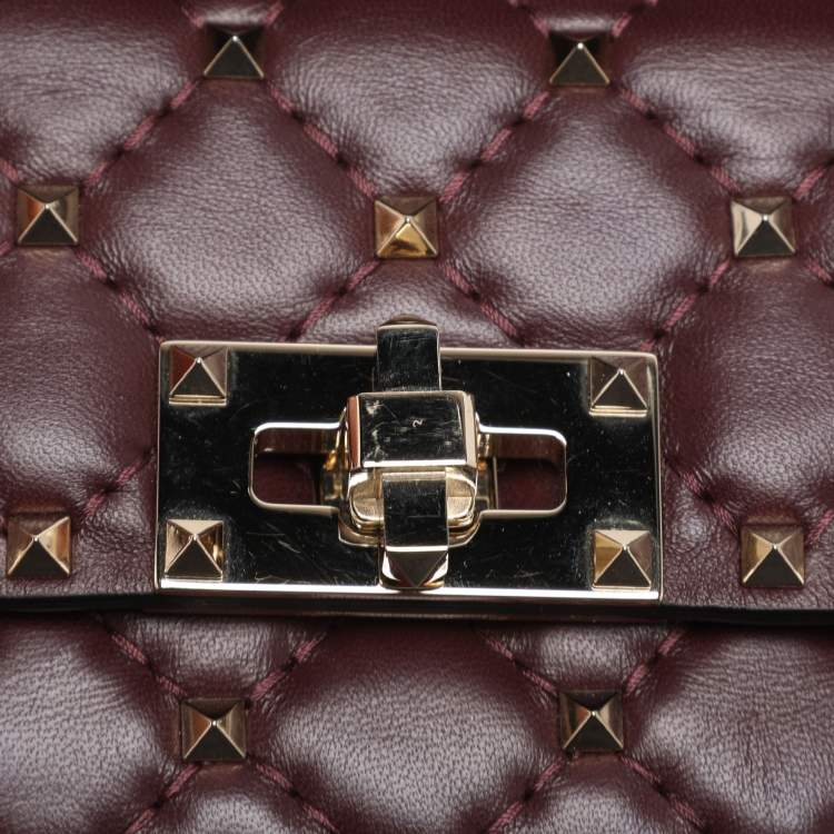 Pre Owned Valentino Burgundy Quilted Leather Small Rockstud Spike Chain Shoulder Bag
