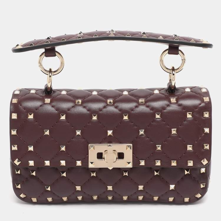 Pre Owned Valentino Burgundy Quilted Leather Small Rockstud Spike Chain Shoulder Bag