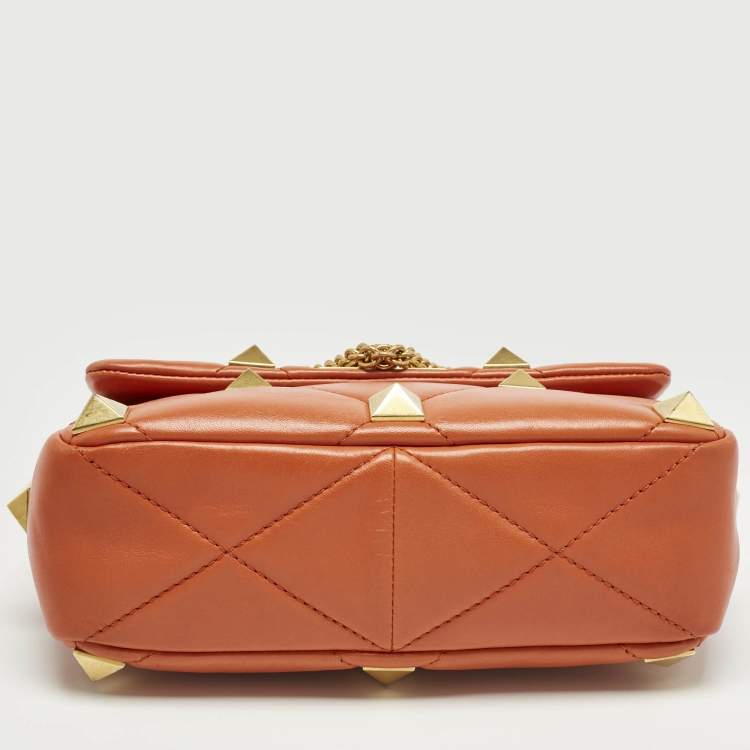 Pre Owned Valentino Orange Quilted Leather Medium Roman Stud Top Handle Bag