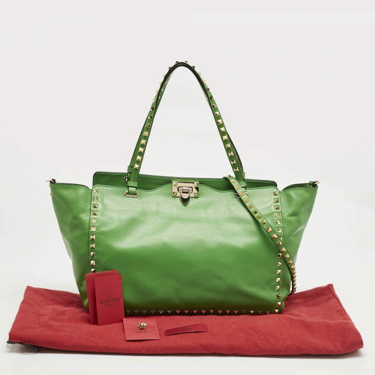 Pre Owned Valentino Green Leather Medium Rockstud Trapeze Tote