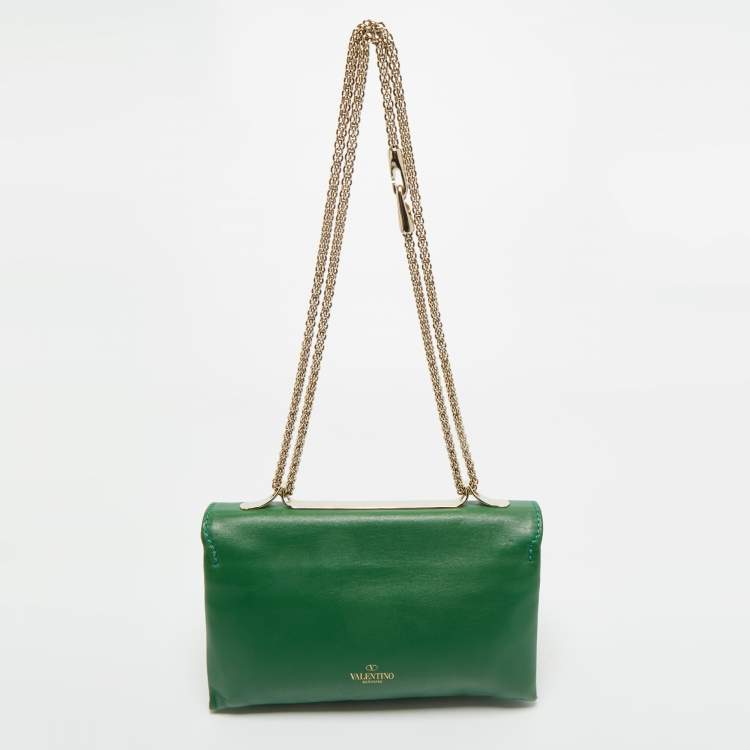 Pre Owned Valentino Green Leather Rockstud Va Va Voom Chain Clutch
