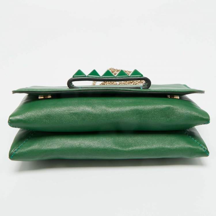 Pre Owned Valentino Green Leather Rockstud Va Va Voom Chain Clutch
