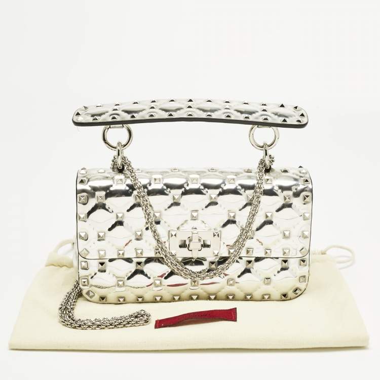 Pre Owned Valentino Silver Quilted Patent Leather Small Rockstud Spike Top Handle Bag