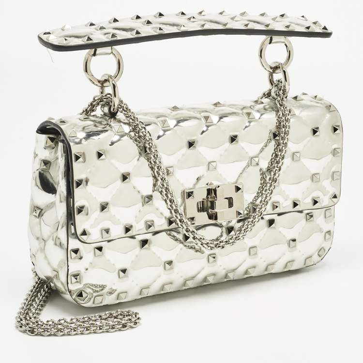 Pre Owned Valentino Silver Quilted Patent Leather Small Rockstud Spike Top Handle Bag