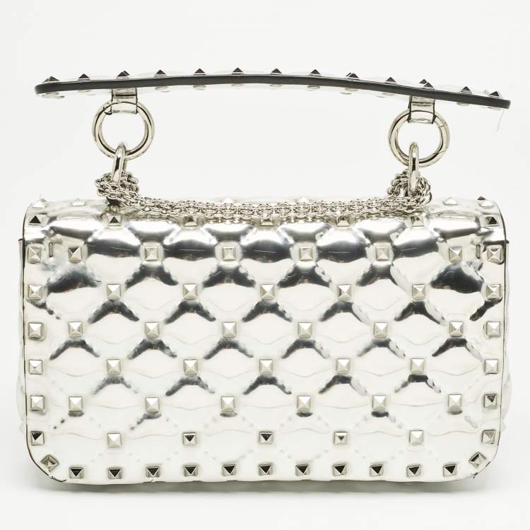 Pre Owned Valentino Silver Quilted Patent Leather Small Rockstud Spike Top Handle Bag