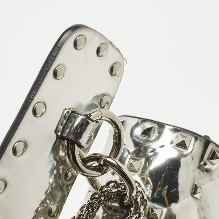 Pre Owned Valentino Silver Quilted Patent Leather Small Rockstud Spike Top Handle Bag