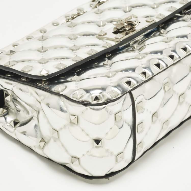 Pre Owned Valentino Silver Quilted Patent Leather Small Rockstud Spike Top Handle Bag