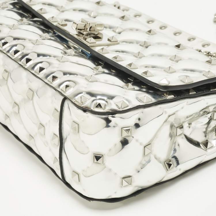 Pre Owned Valentino Silver Quilted Patent Leather Small Rockstud Spike Top Handle Bag
