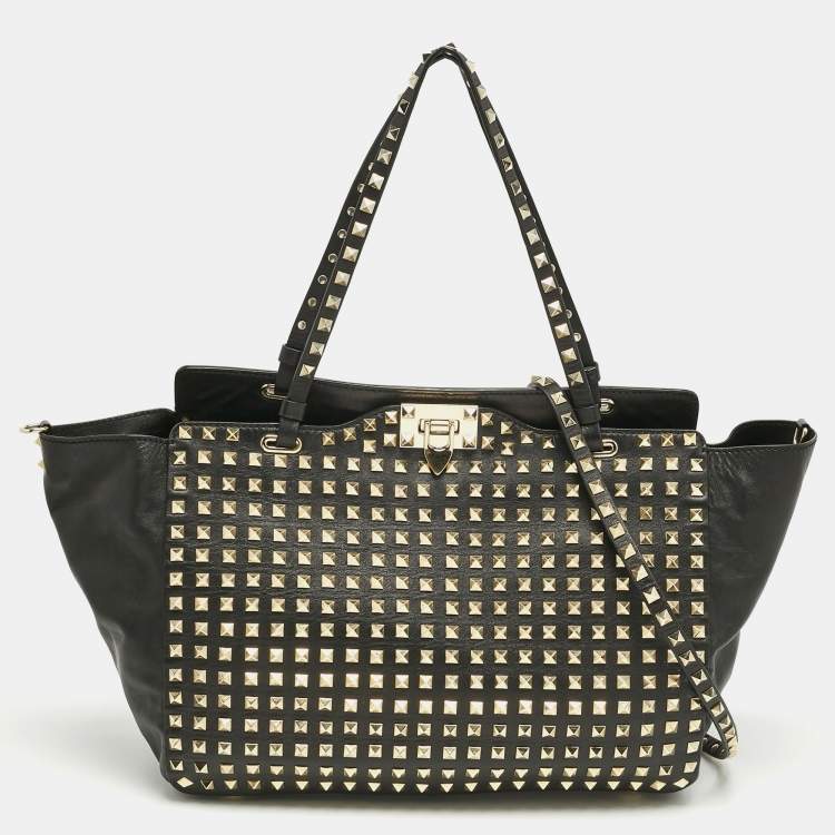 Pre Owned Valentino Black Leather Medium Rockstud Studded Trapeze Tote