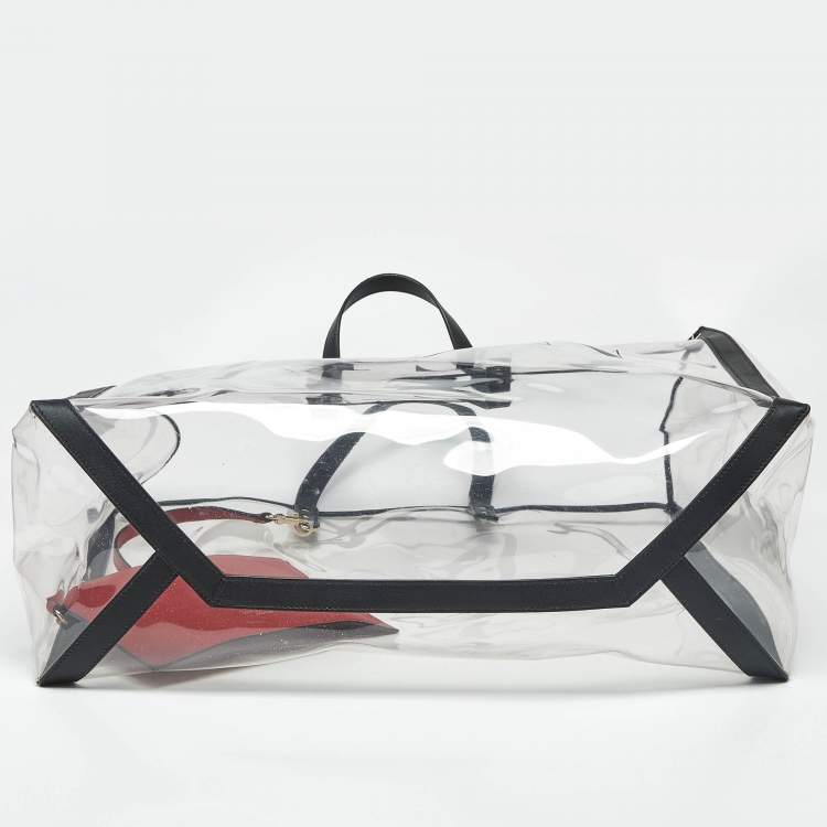 Pre Owned Valentino Black/Clear PVC and Leather Grande VLTN Plage Tote