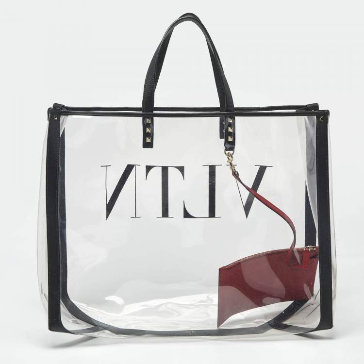 Pre Owned Valentino Black/Clear PVC and Leather Grande VLTN Plage Tote
