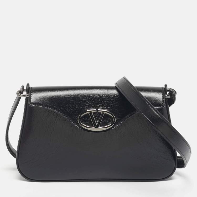 Pre Owned Valentino Black Leather The Bold VLogo Shoulder Bag