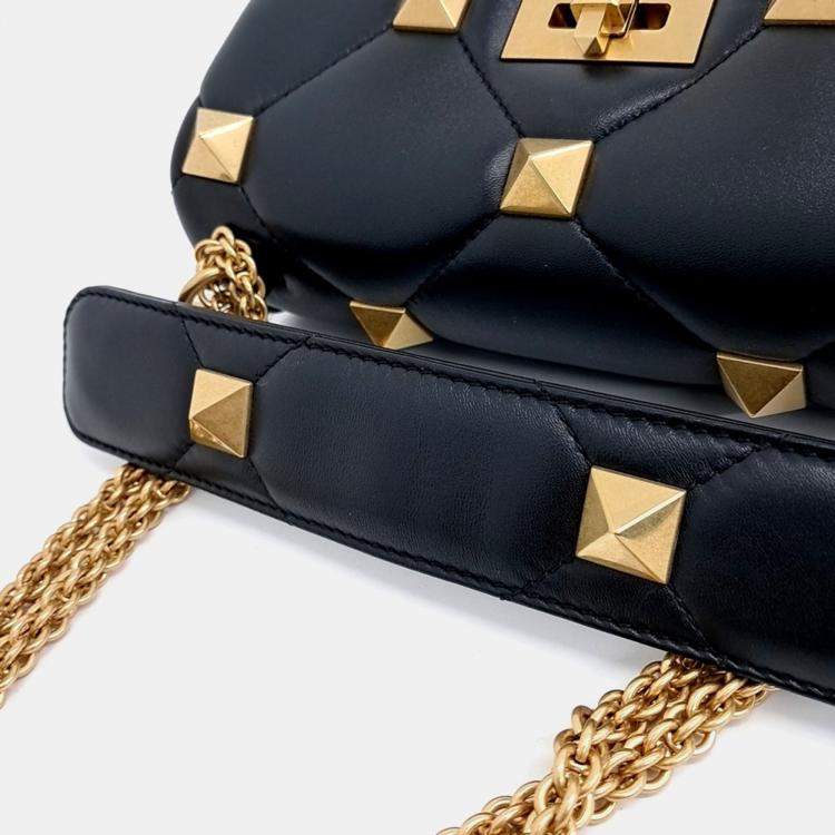 Pre Owned Valentino Black Leather Roman Studded Tote and Shoulder Bag
