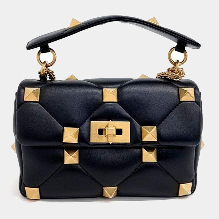 Pre Owned Valentino Black Leather Roman Studded Tote and Shoulder Bag
