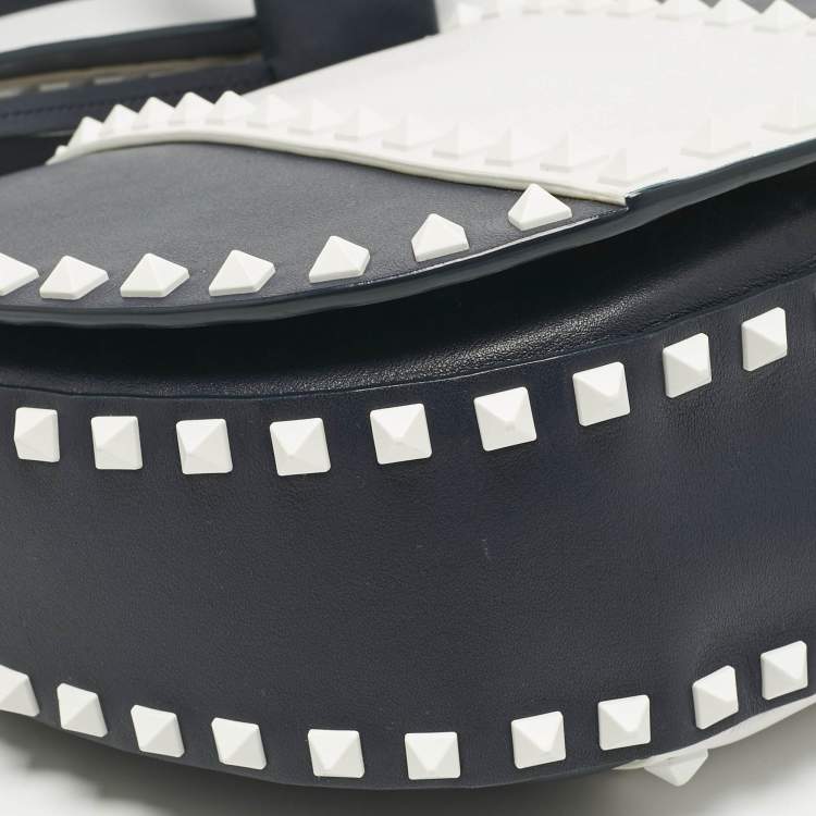 Pre Owned Valentino Navy Blue/White Leather Colorblock Halfmoon Saddle Crossbody Bag