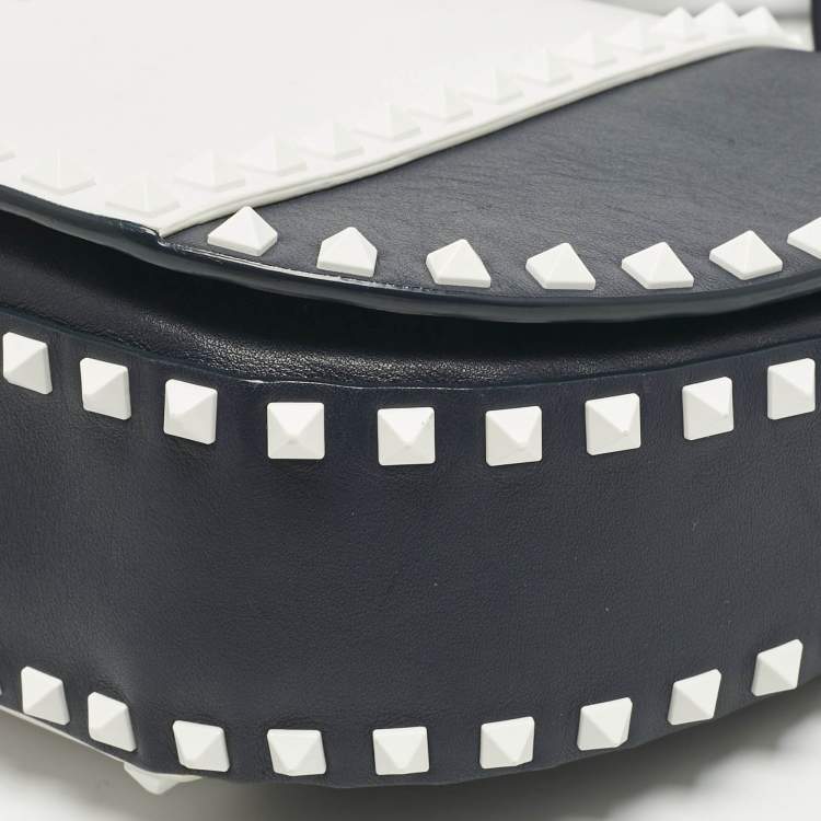 Pre Owned Valentino Navy Blue/White Leather Colorblock Halfmoon Saddle Crossbody Bag