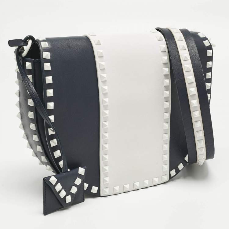 Pre Owned Valentino Navy Blue/White Leather Colorblock Halfmoon Saddle Crossbody Bag