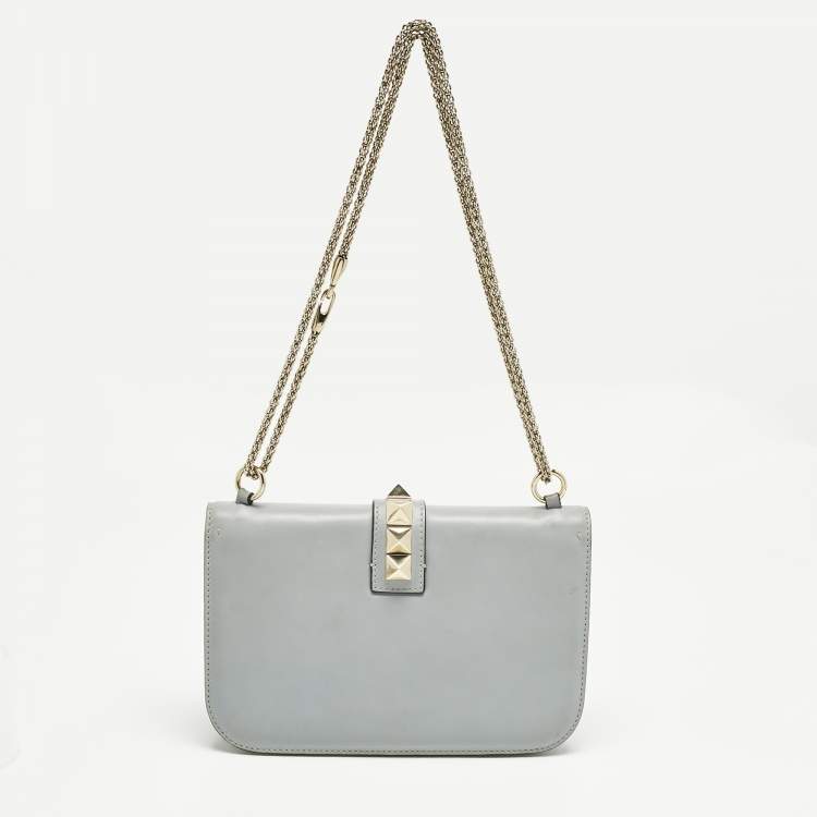 Pre Owned Valentino Light Blue Leather Medium Glam Lock Shoulder Bag