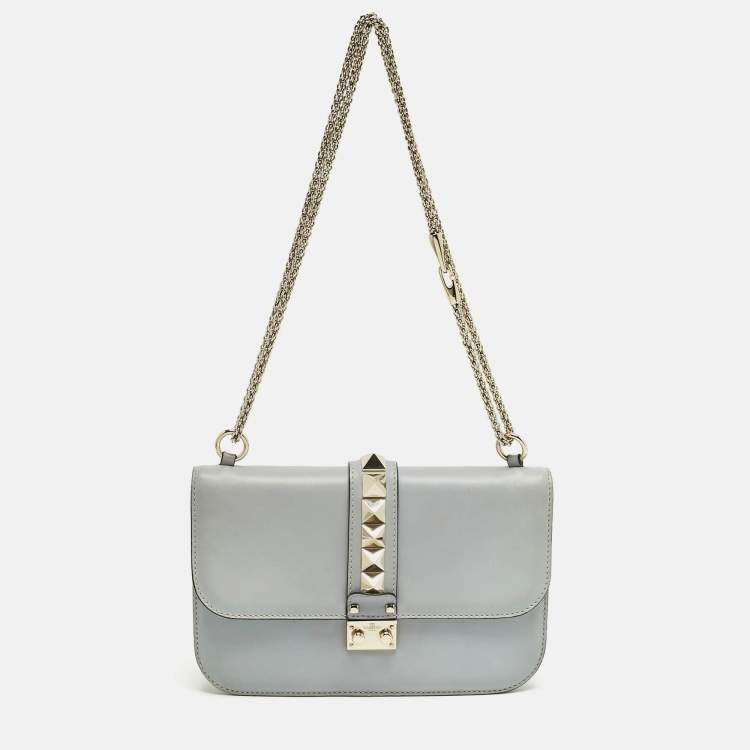 Pre Owned Valentino Light Blue Leather Medium Glam Lock Shoulder Bag