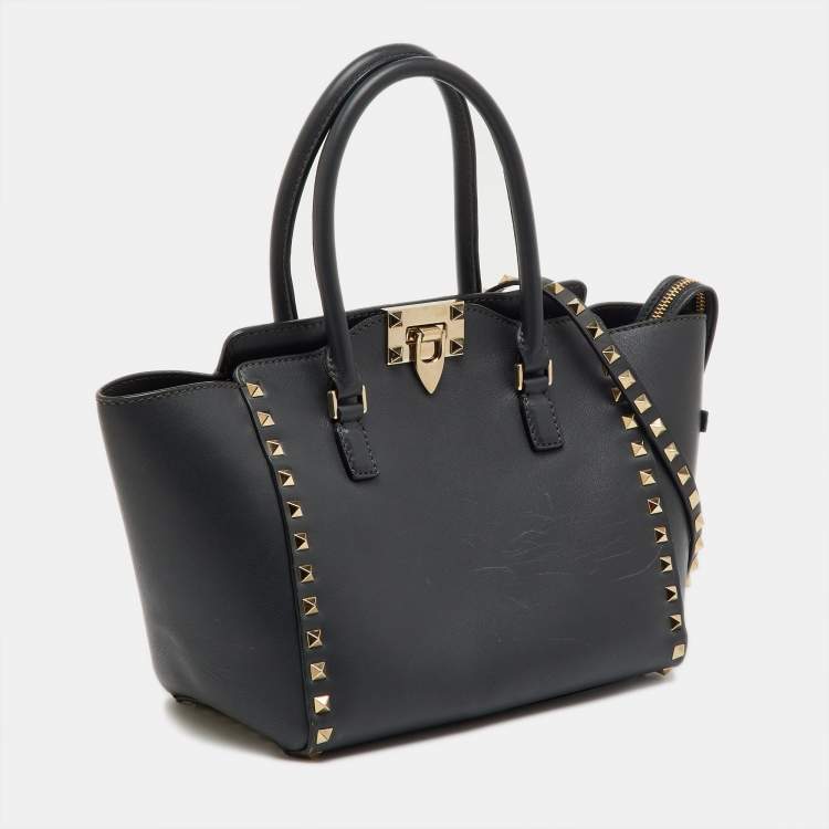 Pre Owned Valentino Dark Grey Leather Rockstud Trapeze Tote