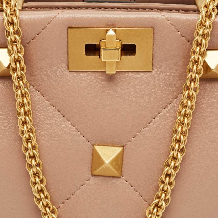 Pre Owned Valentino Dusty Pink Quilted Leather Medium Roman Stud Top Handle Bag