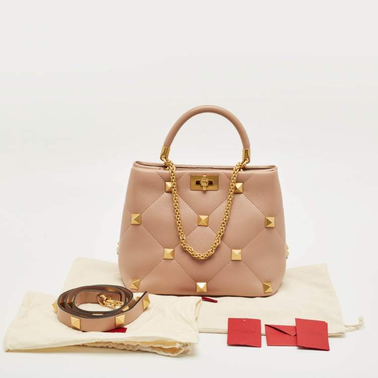 Pre Owned Valentino Dusty Pink Quilted Leather Medium Roman Stud Top Handle Bag
