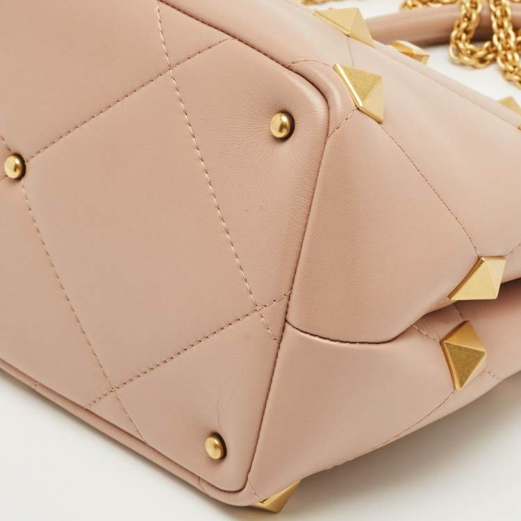 Pre Owned Valentino Dusty Pink Quilted Leather Medium Roman Stud Top Handle Bag