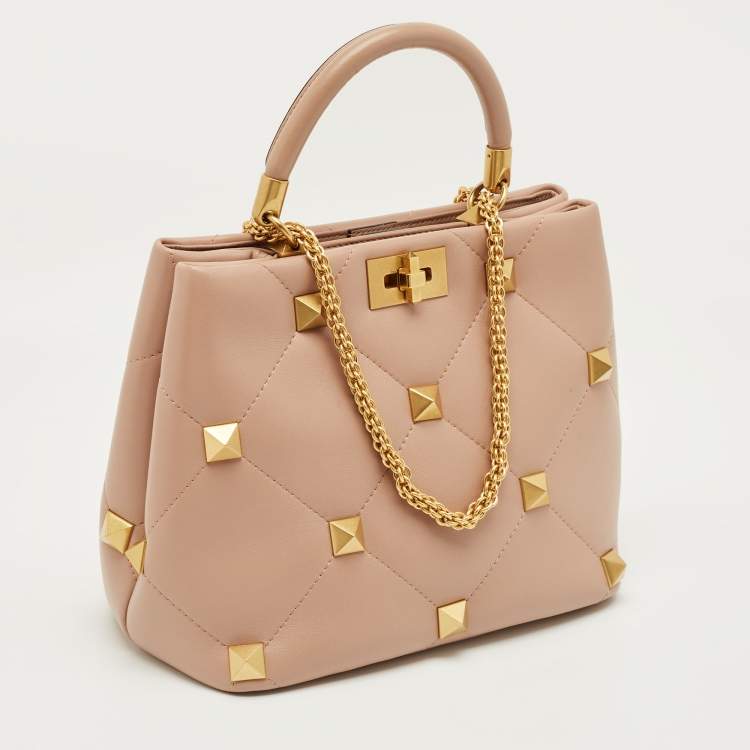 Pre Owned Valentino Dusty Pink Quilted Leather Medium Roman Stud Top Handle Bag