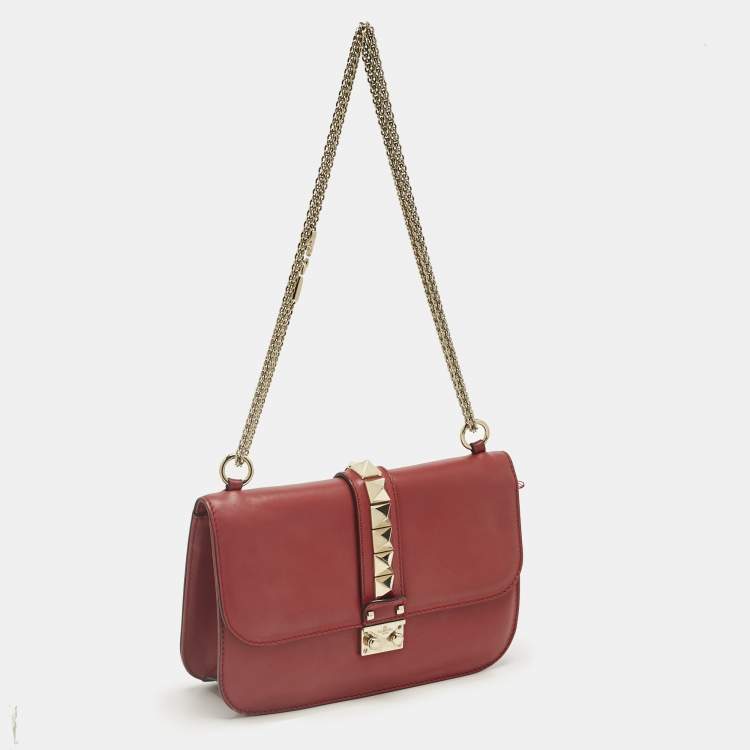 Pre Owned Valentino Red Leather Medium Glam Lock Chain Shoulder Bag