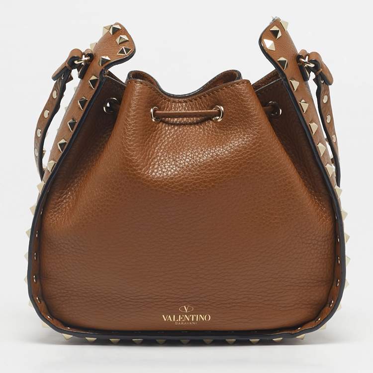 Pre Owned Valentino Brown Leather Rockstud Drawstring Bucket Bag