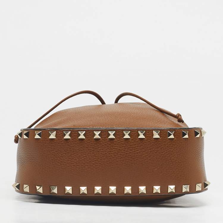Pre Owned Valentino Brown Leather Rockstud Drawstring Bucket Bag