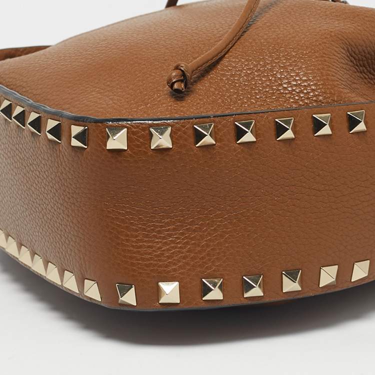 Pre Owned Valentino Brown Leather Rockstud Drawstring Bucket Bag