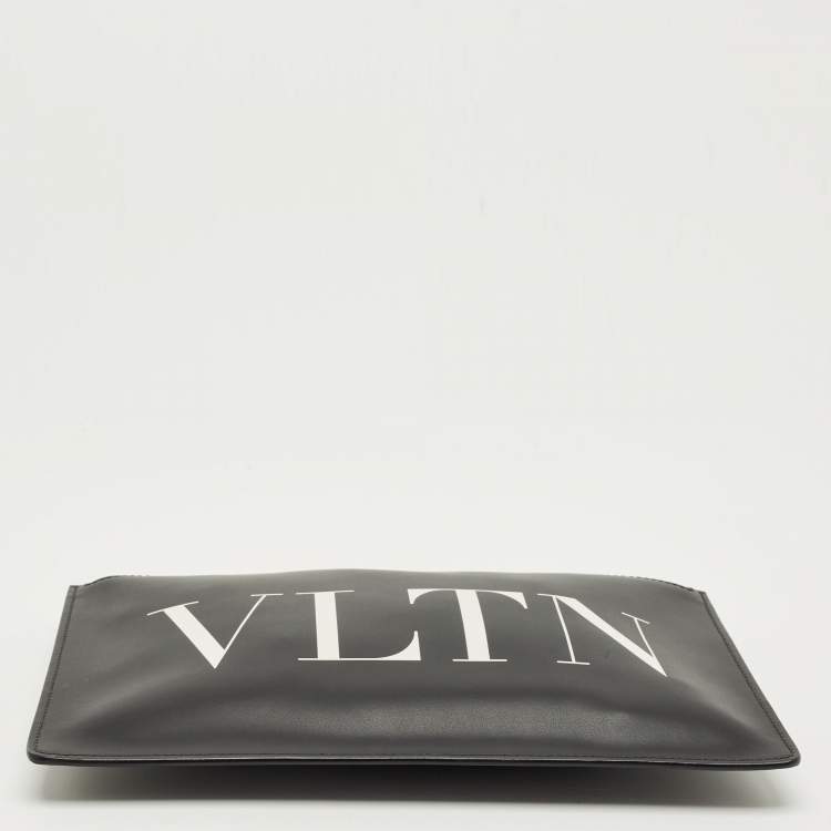 Pre Owned Valentino Black Leather Large VLTN Flat Zip Pouch