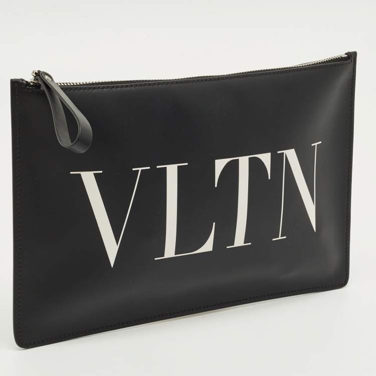 Pre Owned Valentino Black Leather Large VLTN Flat Zip Pouch