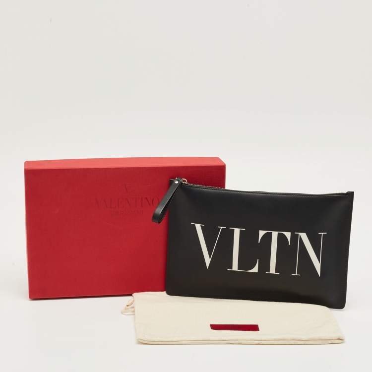 Pre Owned Valentino Black Leather Large VLTN Flat Zip Pouch