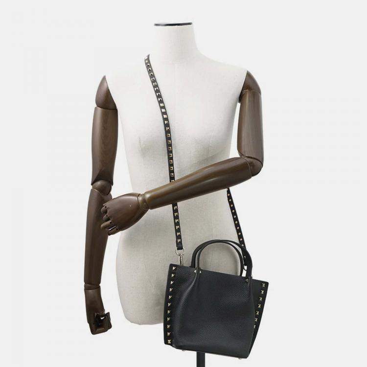 Pre Owned Valentino Garavani Rockstudded Tote Bag Black Leather