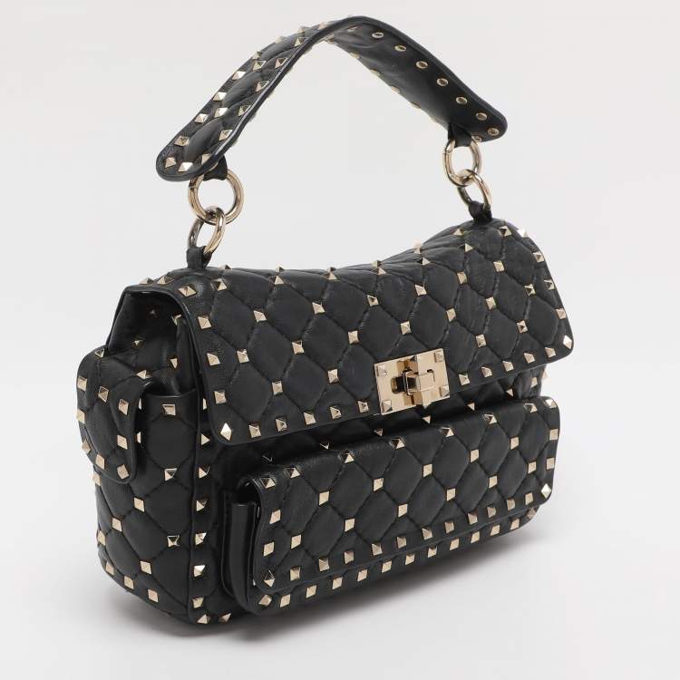 Pre Owned Valentino Black Quilted Leather Medium Rockstud Spike Top Handle Bag